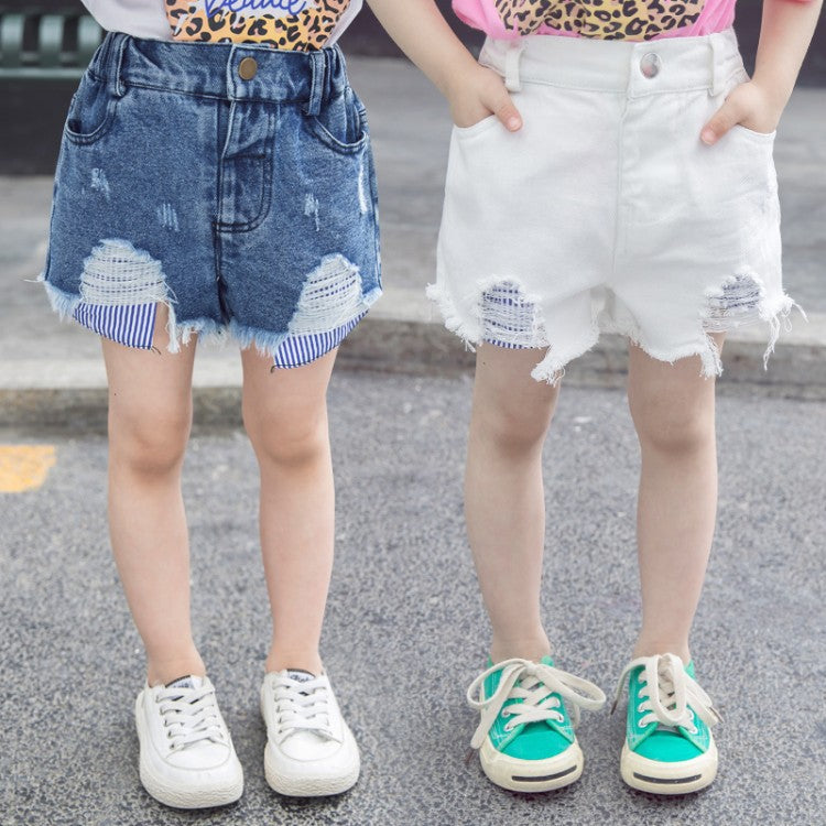 Color: Purple T shirt, Size: 90cm - Girls pocket striped raw denim shorts