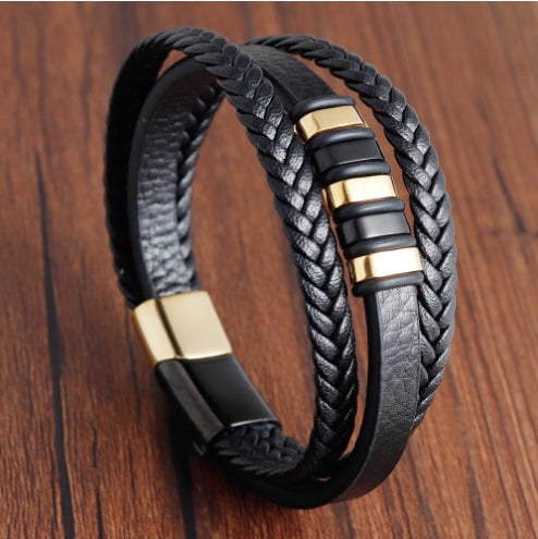 Men's Multi-Layer Braided Leather Bracelet in Stainless Steel