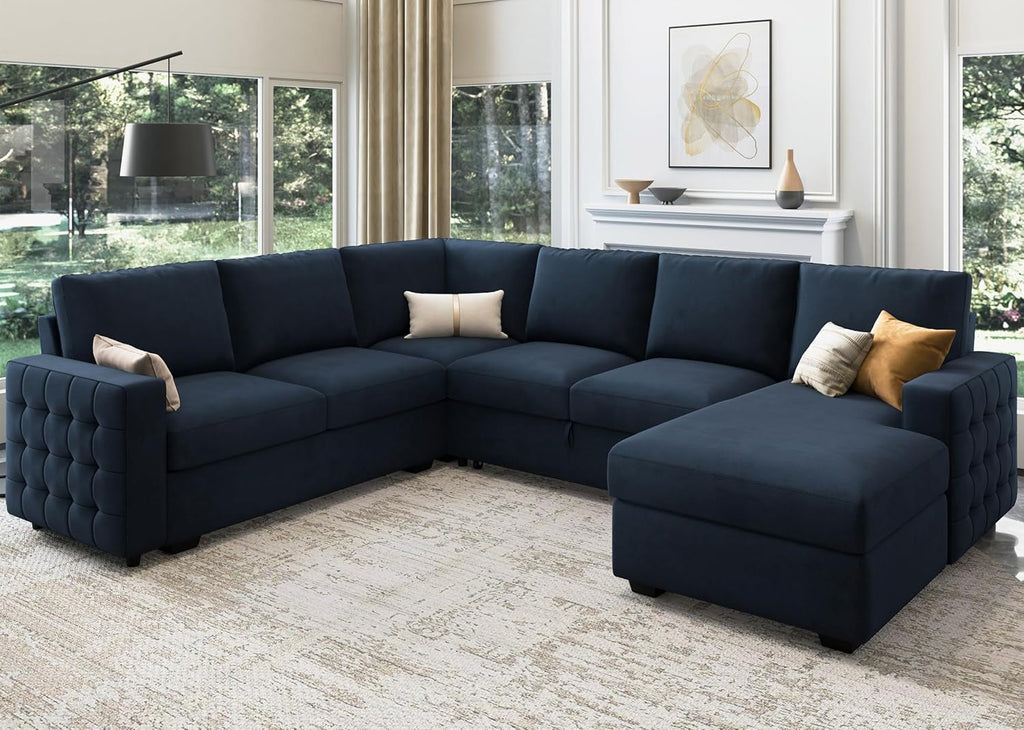 Blue Velvet U Shaped Sleeper Sofa With Pull Out Bed
