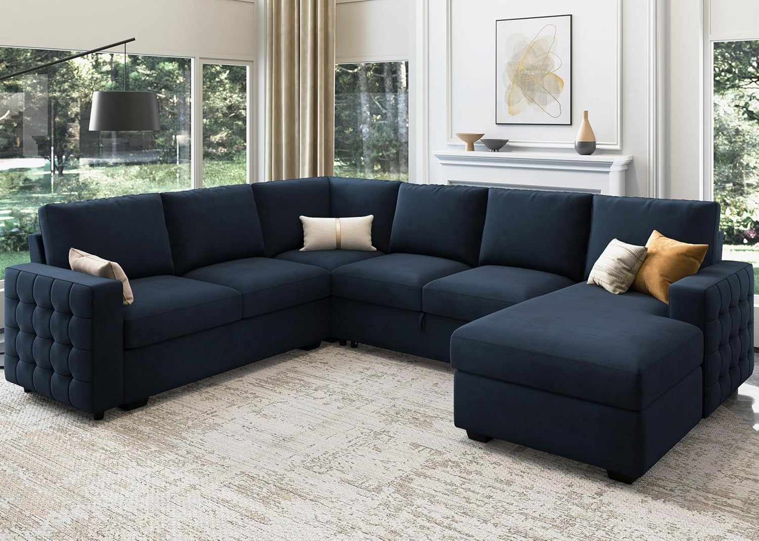 Blue Velvet U Shaped Sleeper Sofa With Pull Out Bed