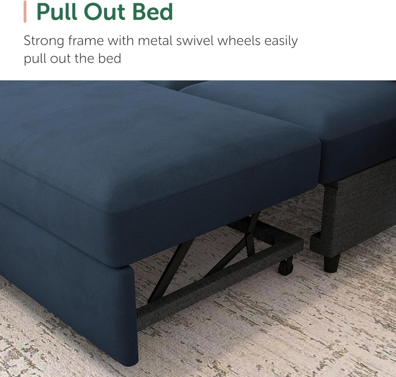 Blue Velvet U Shaped Sleeper Sofa With Pull Out Bed