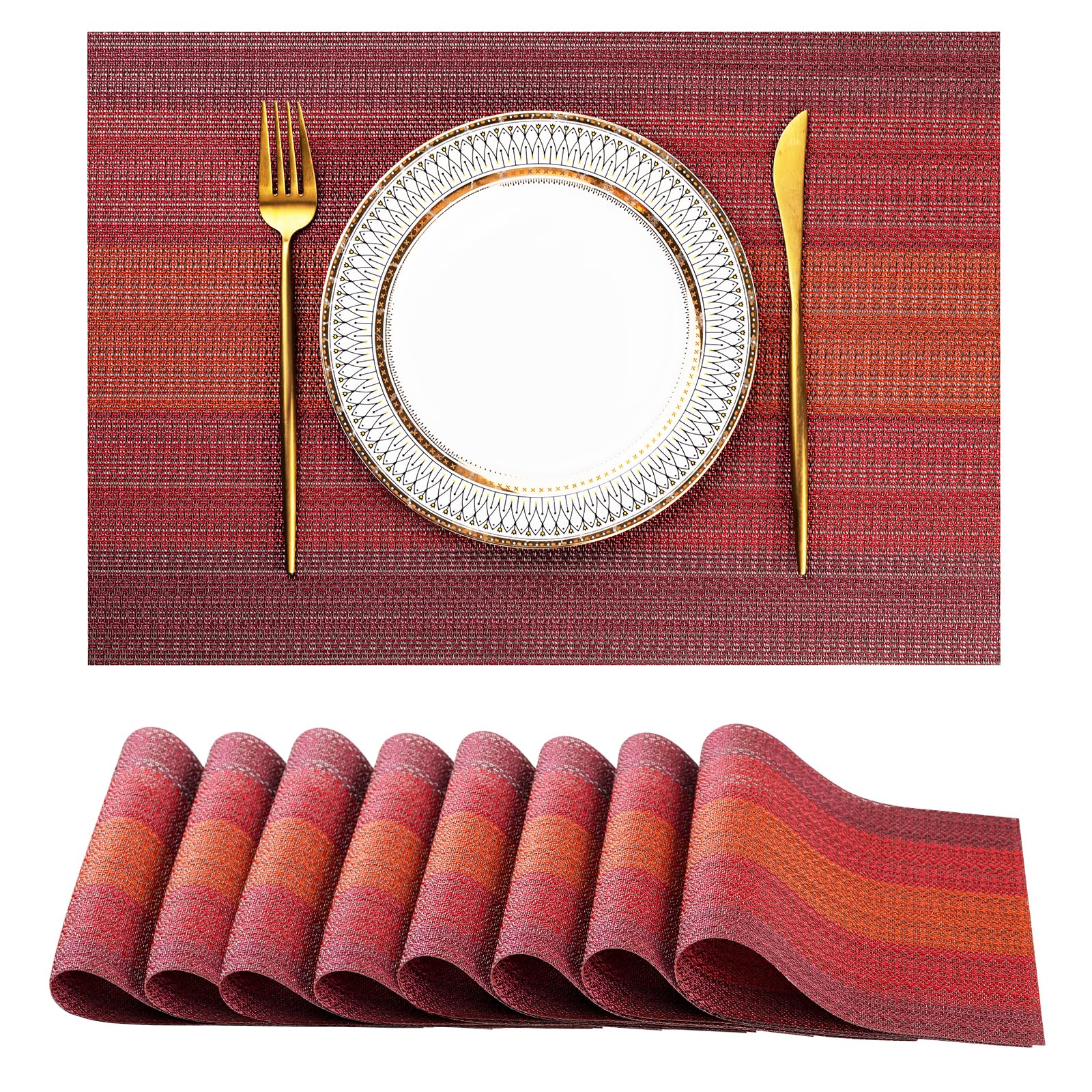 Elegant Red Gradient Vinyl Placemats Set of 8