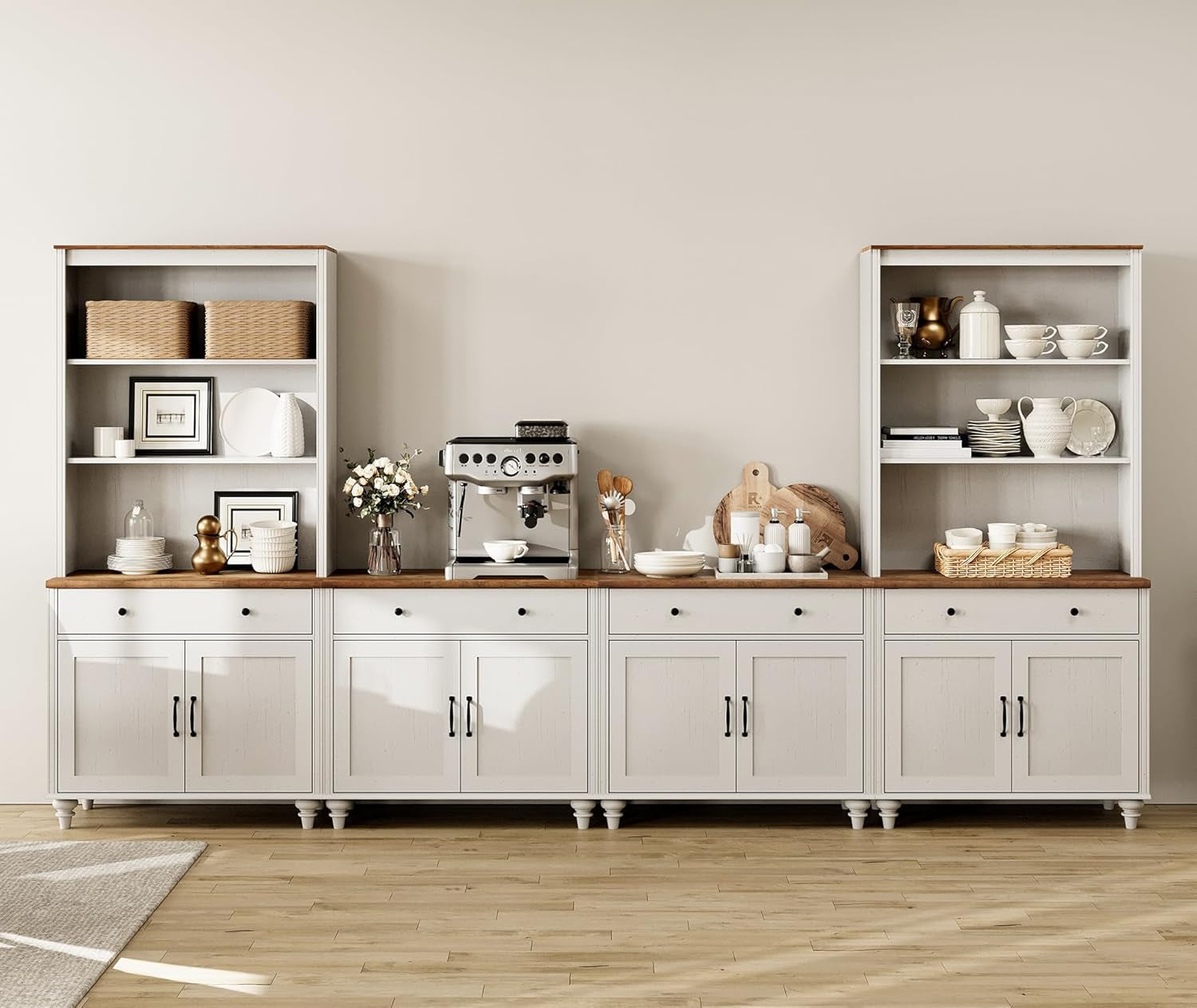 Farmhouse TV Stand For 75 Inch TV Off White 8 Doors