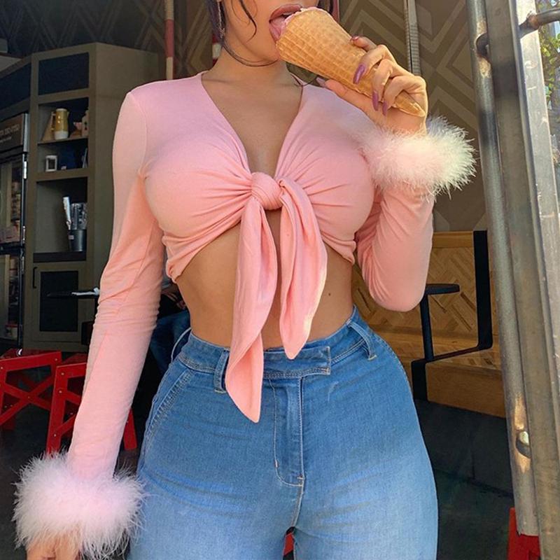 Pink knot tie feather sleeve short feminine blouse Women