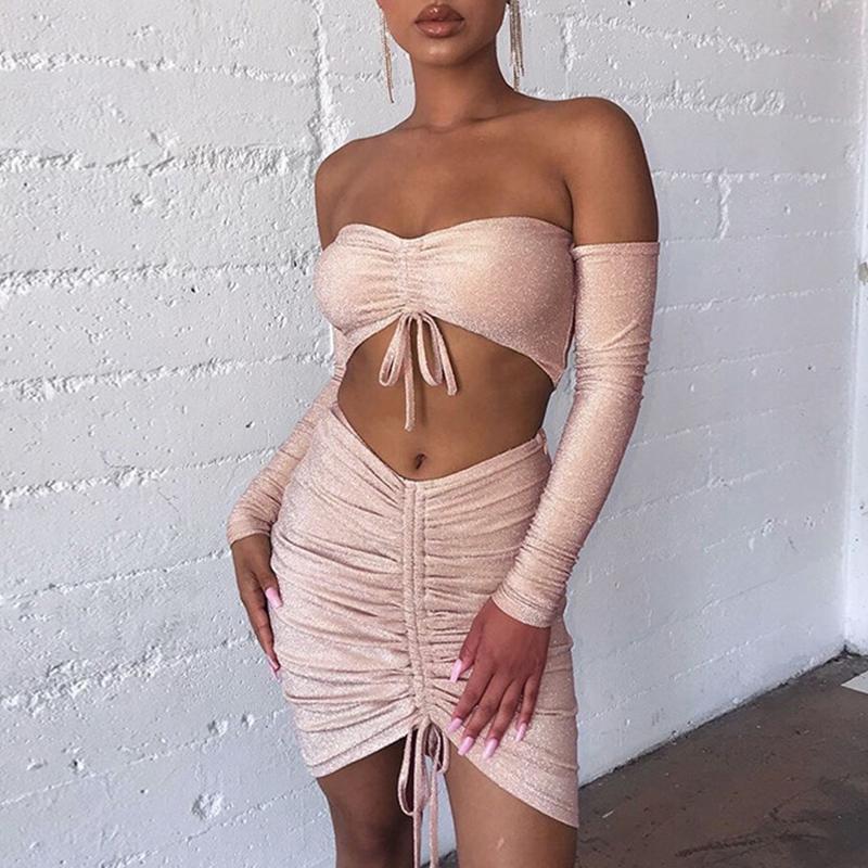 Two piece lurex pink lace up short dress Women high waist