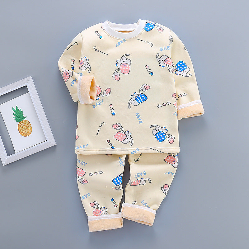 Color: Elephant yellow bottom, Size: 120cm - Thickened Thermal Underwear For Boys And Girls Autumn And Winter Baby Autumn Clothes