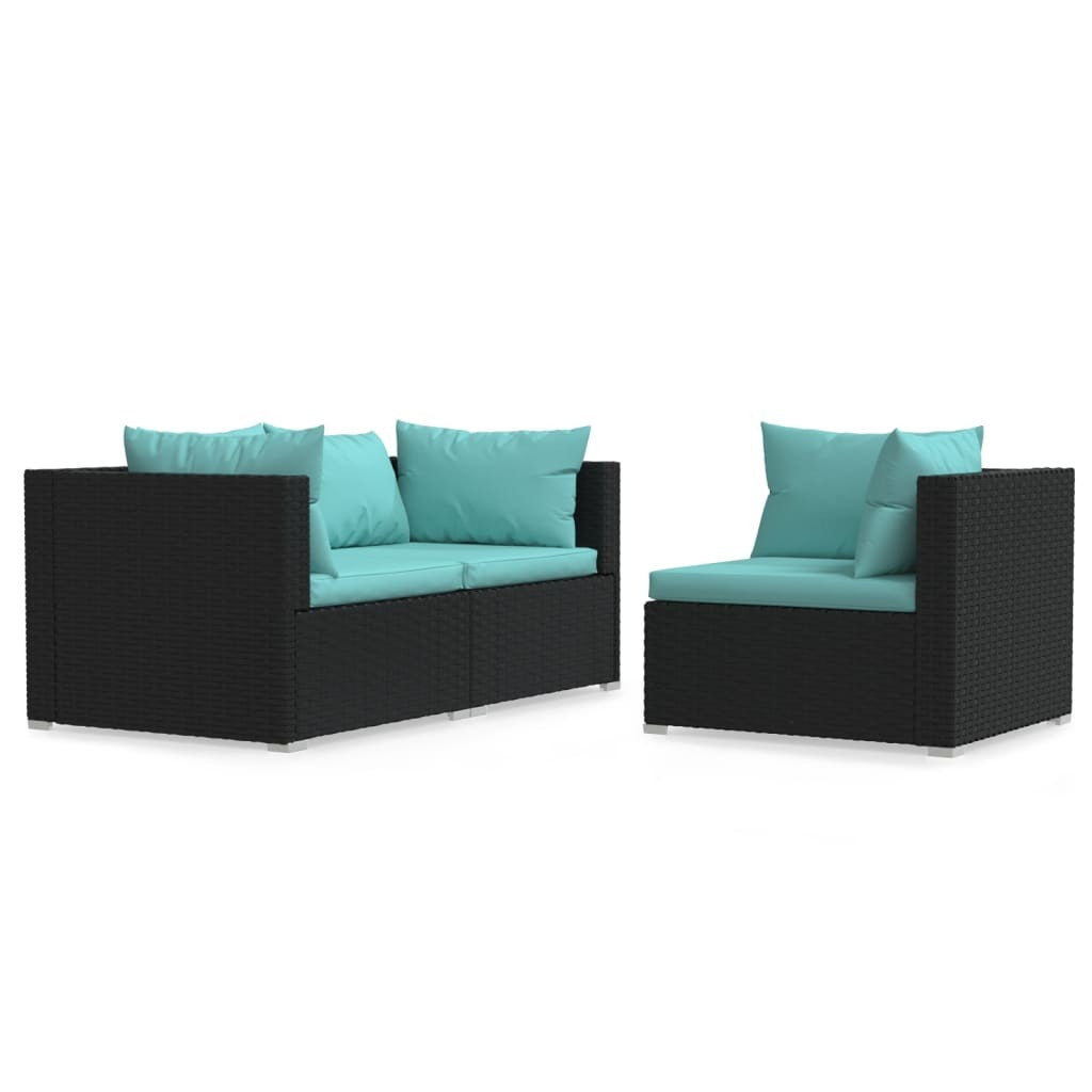 3 Piece Patio Lounge Set with Cushions Black Poly Rattan