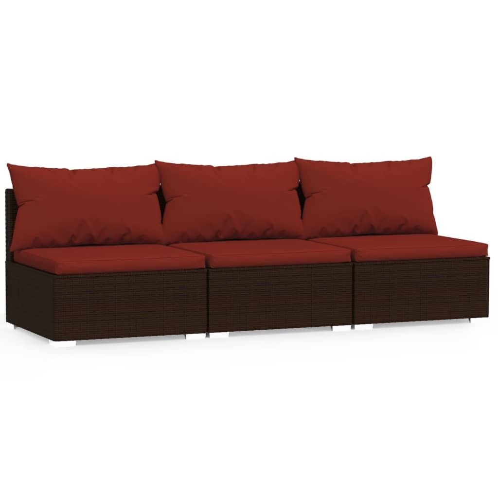 3 Seat Patio Sofa with Cushions Brown Poly Rattan