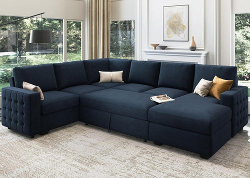 Blue Velvet U Shaped Sleeper Sofa With Pull Out Bed
