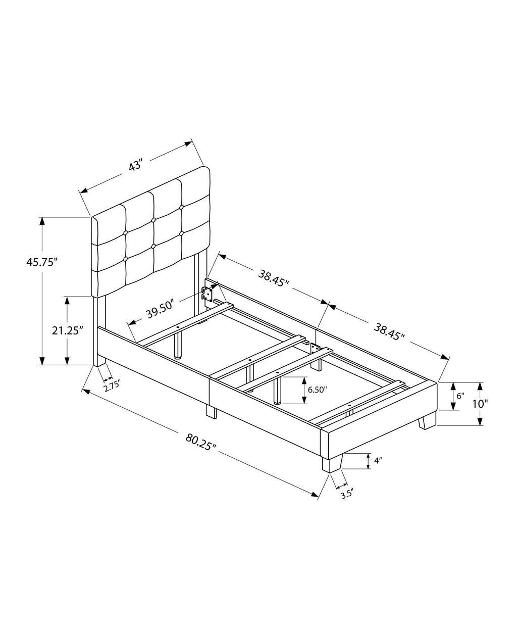 45.75inches Solid Wood MDF Foam and Linen Twin Size Bed