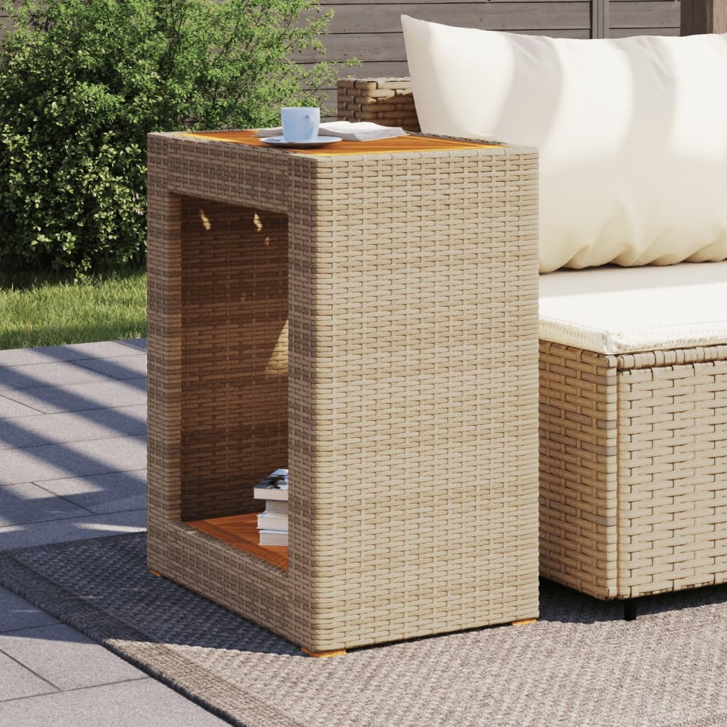 Patio Side Table with Wooden Top Beige 23.6"x15.7"x29.5" Poly Rattan