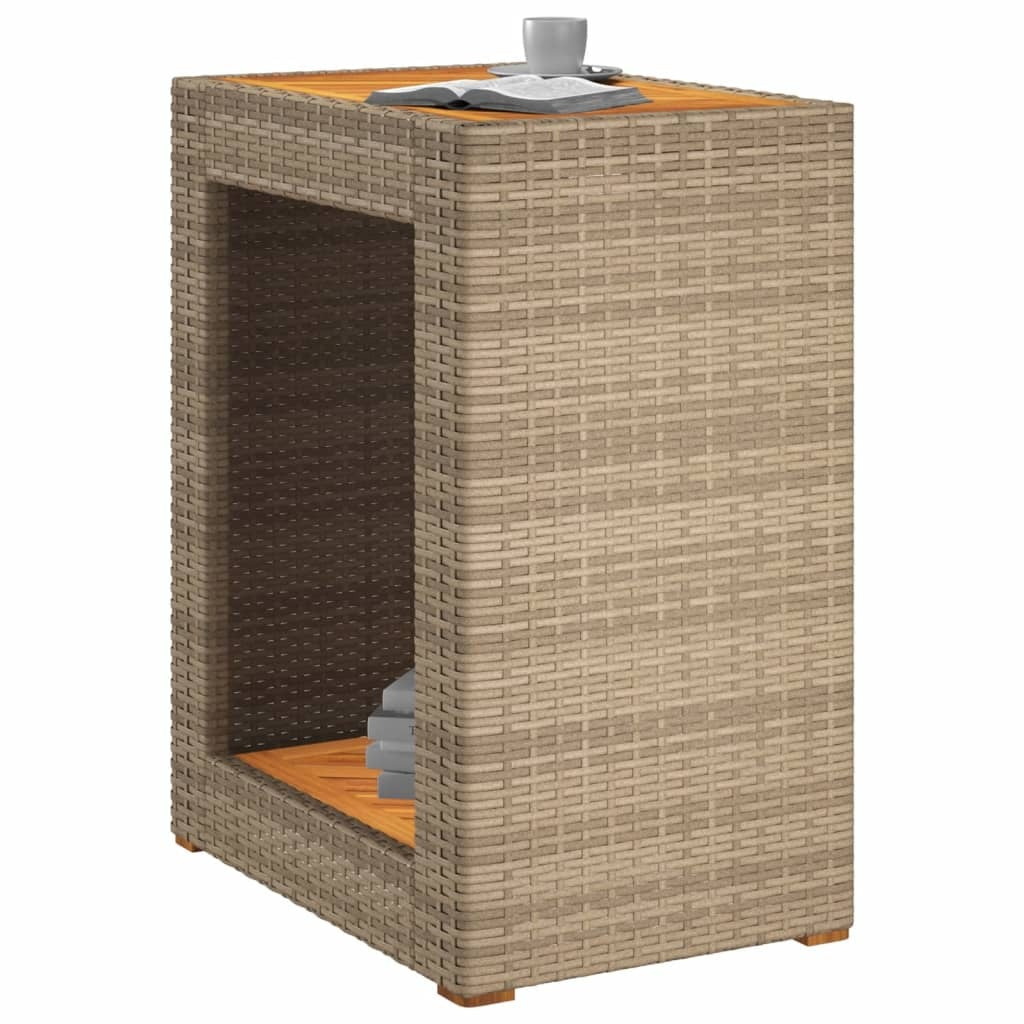 Patio Side Table with Wooden Top Beige 23.6"x15.7"x29.5" Poly Rattan
