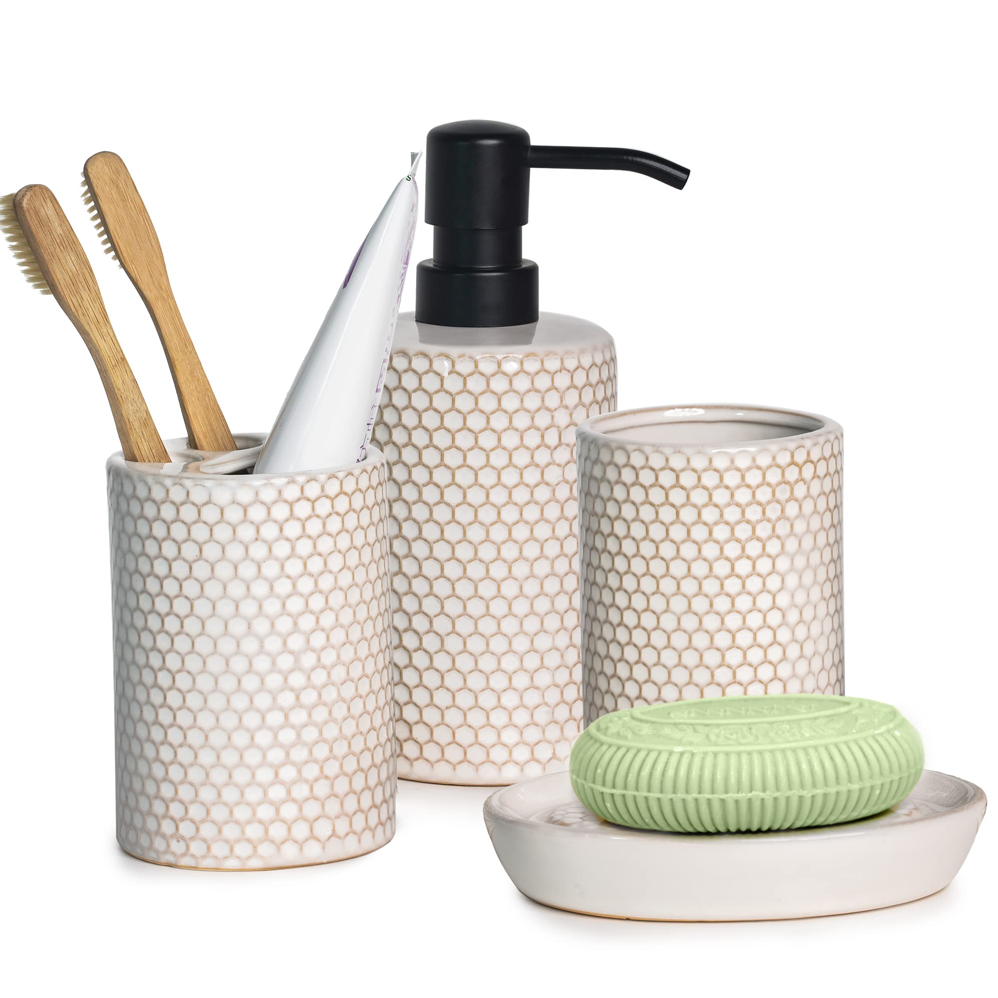 Kendiis Bathroom Accessory Set-4 Pcs Complete Honeycomb Pattern Ceramic Bathroom Accessories Gift Set Toothbrush Holder Toothbrush Cup Soap Dish Soap Dispenser