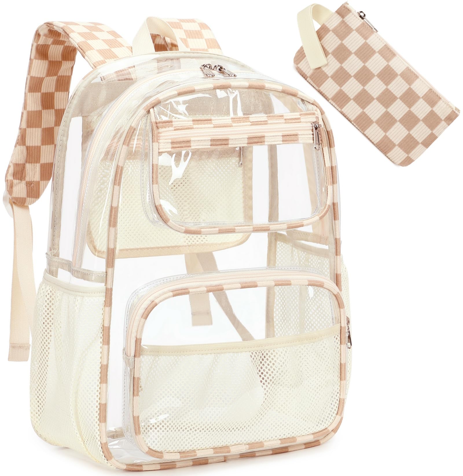 Bluboon Clear Backpack Heavy Duty Kids Boys Clear Bookbag See Through Backpacks with Pencil Case for College Work (Transparent Brown white Checked)