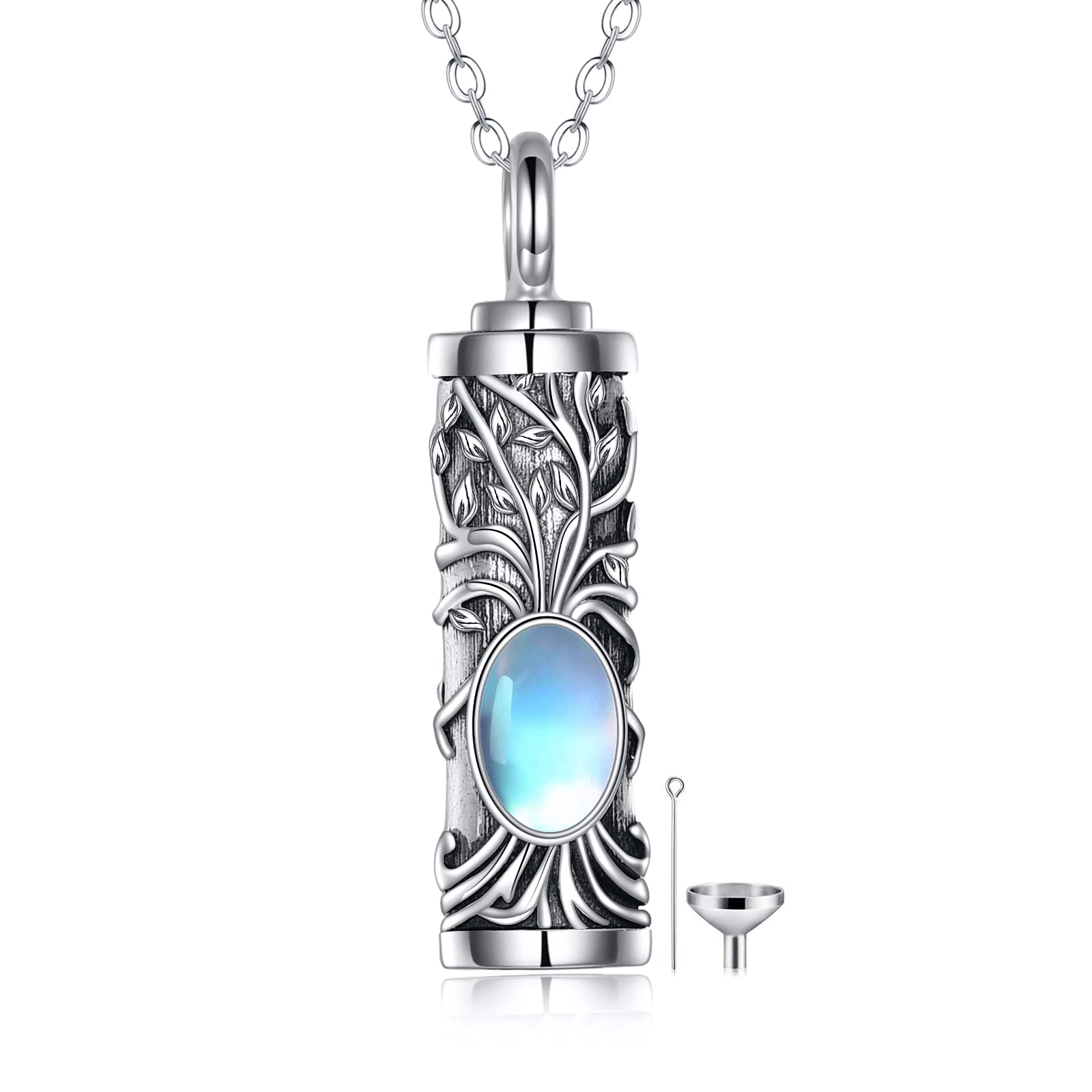 ONEFINITY Moonstone Tree of Life Urn Necklaces Sterling Silver Bar Tree of Life Cremation Jewelry for Ashes Memory Jewelry for Women Men