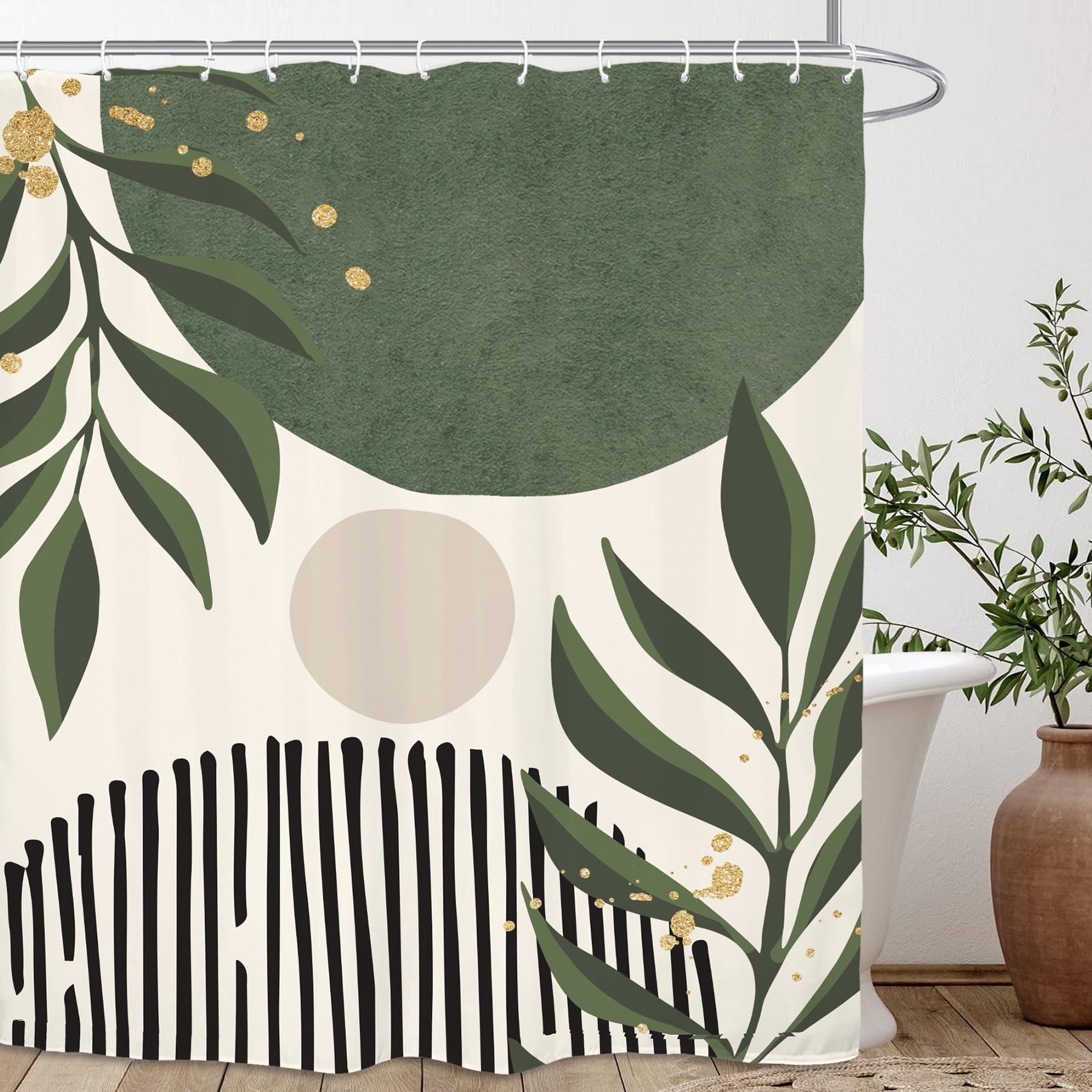 Kalmico Abstract Sage Green Shower Curtain 60Wx72L Inch Modern Minimalist Leaves Plant Aesthetic Contemporary Bathroom Set Accessories Decor with 12 Pack Hooks