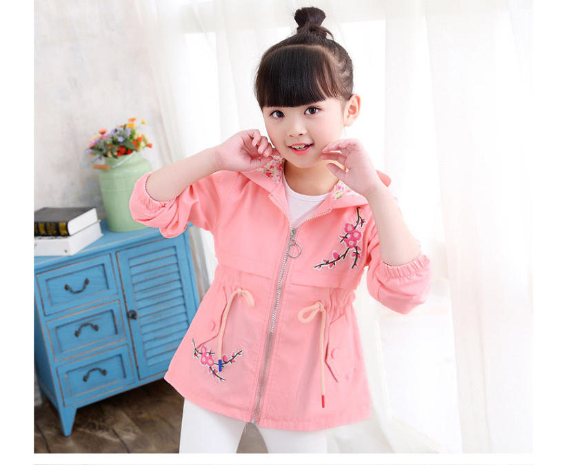 Color: Pink, Size: 130cm-Thin, style:  - Girls windbreaker jacket autumn and winter Korean version of the long-sleeved peach embroidery hooded big children's shirt children's new children's clothing
