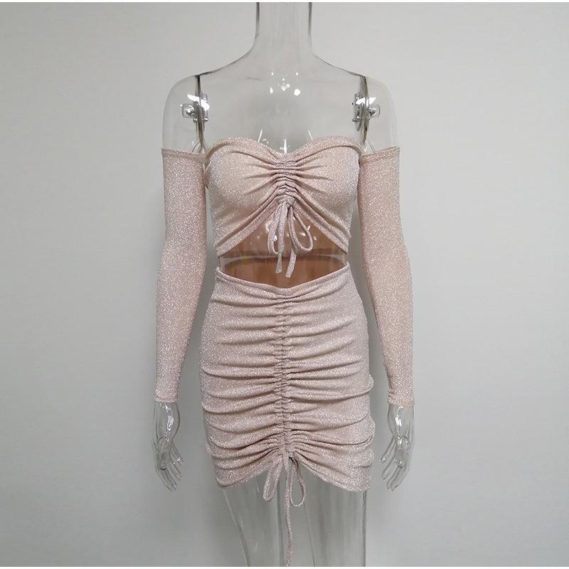 Two piece lurex pink lace up short dress Women high waist