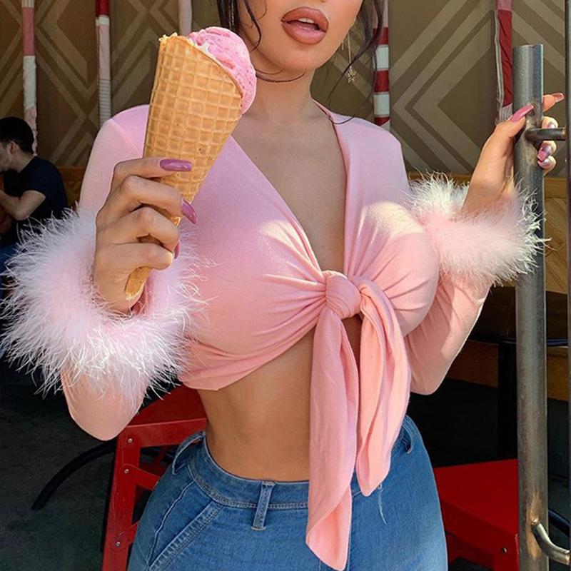 Pink knot tie feather sleeve short feminine blouse Women