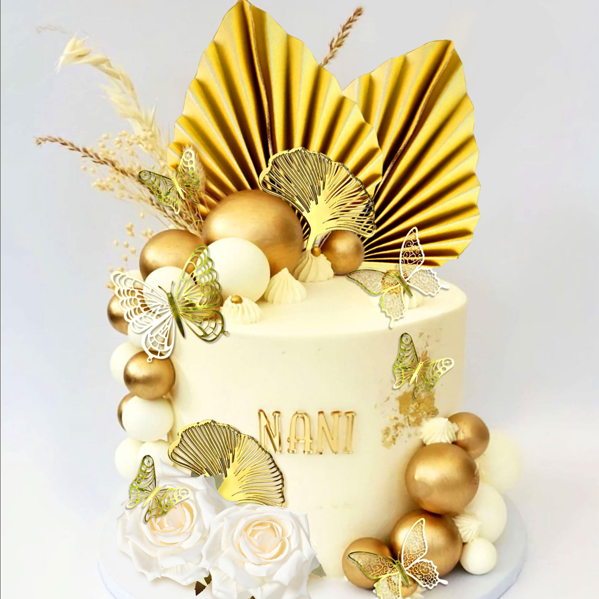 Boho Champagne Cake Decoration Gold Balls Cake Decoration Gold Palm Leaves Cake Topper Bohemian White Gold Ball for Wedding Birthday Birthday Anniversary