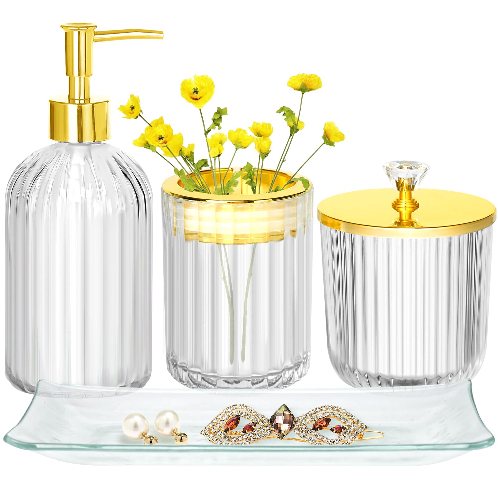 Bathroom Accessories Set 4Pcs Clear and Gold Glass Bathroom Accessories Sets Complete w/Lotion Soap Dispenser Toothbrush Holder Apothecary Jar Vanity Tray Bathroom Decor