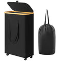 Chirslley 60L Slim Laundry Basket with WheelsNarrow Laundry Hamper with Lid and Removable Liner Bag Foldable Clothes Hamper Organizer with Bamboo Handles for Bathroom Dorm Bedroom Black