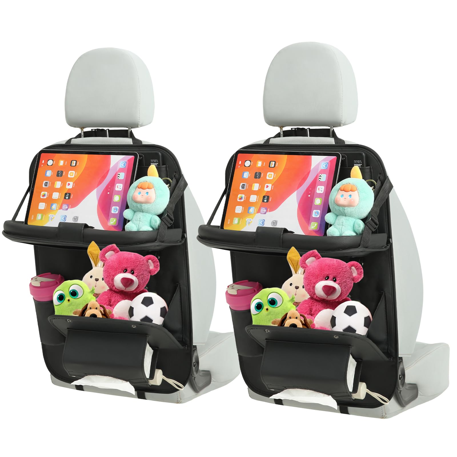 Luxury Backseat PU Leather Organizer with Foldable Table - Black (2 Pack)