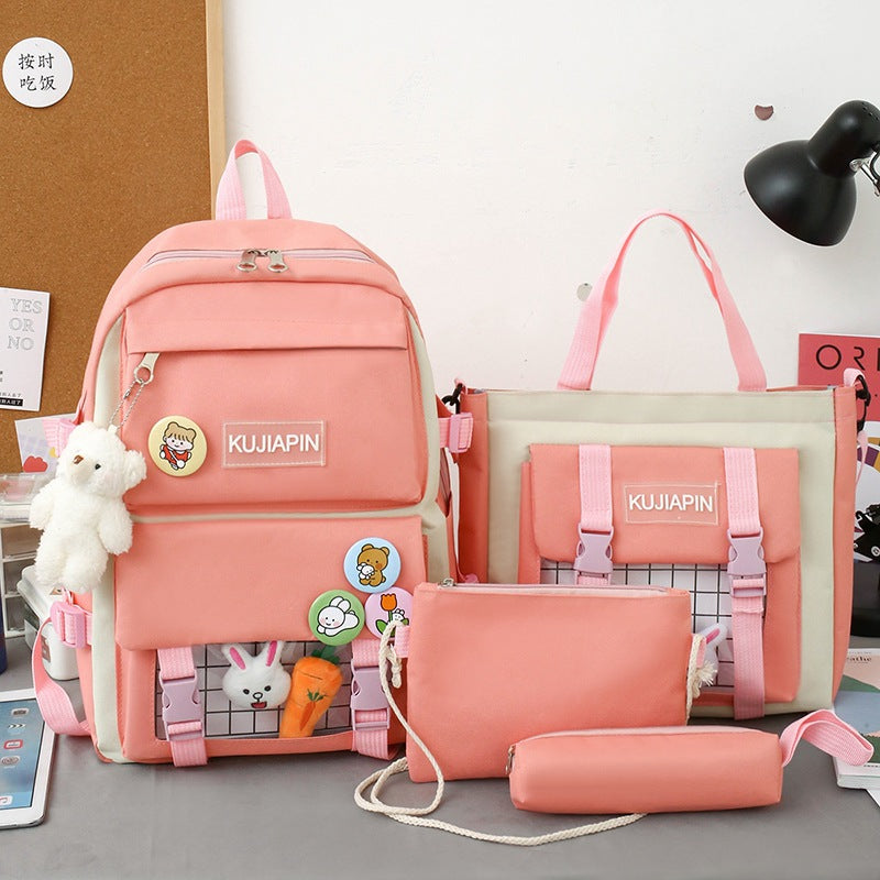 4pcs Women's Fashion Nylon Backpacks with Plush Pendant