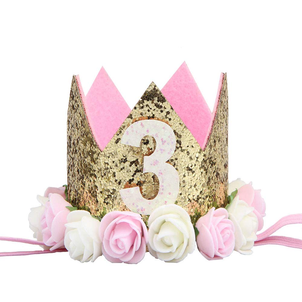 Lovefairy Babys Rose Flowers Gold Sequins Birthday Crown Headband for Birthday Party Photography (3 Gold)