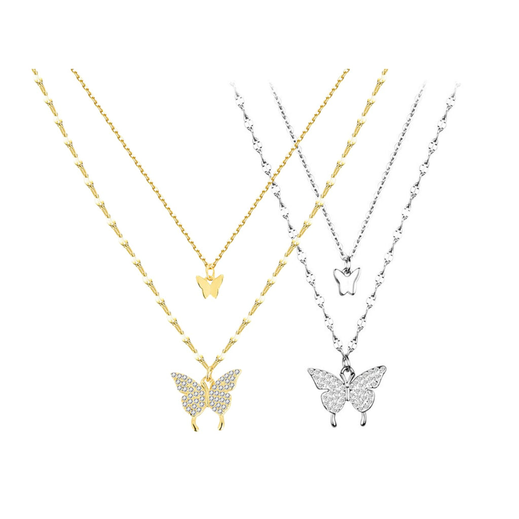 4Pcs Set CZ Butterfly Pendants Layered Gold and Silver Plated Necklaces For Women Trendy Dainty Non Tarnish 14k Gold 925 Silver Layering Prom Necklace Butterflies Set Gold Chain Choker Charm Necklace Stack For Women (4Pcs Gold CZ Butterfly Set)
