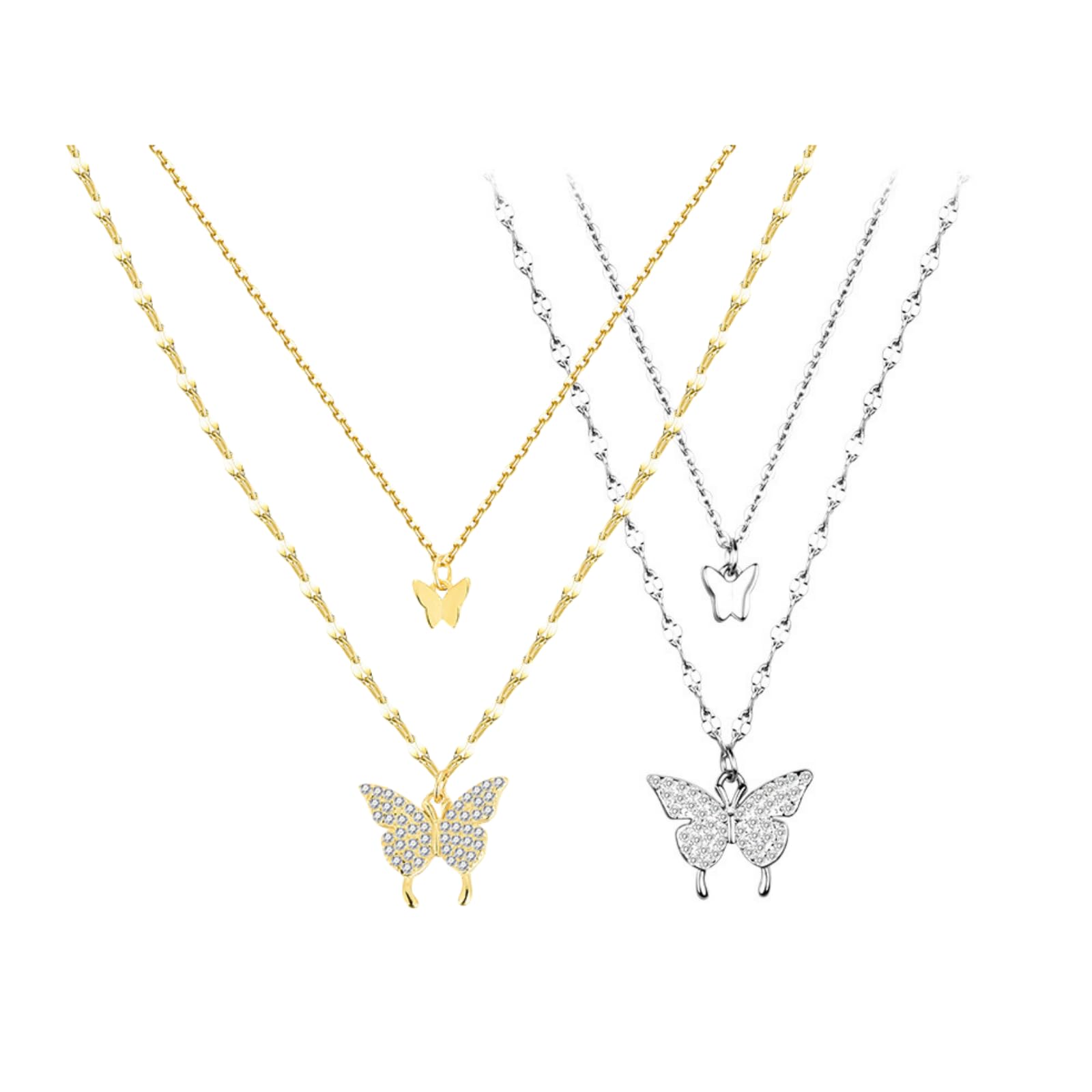 4Pcs Set CZ Butterfly Pendants Layered Gold and Silver Plated Necklaces For Women Trendy Dainty Non Tarnish 14k Gold 925 Silver Layering Prom Necklace Butterflies Set Gold Chain Choker Charm Necklace Stack For Women (4Pcs Gold CZ Butterfly Set)