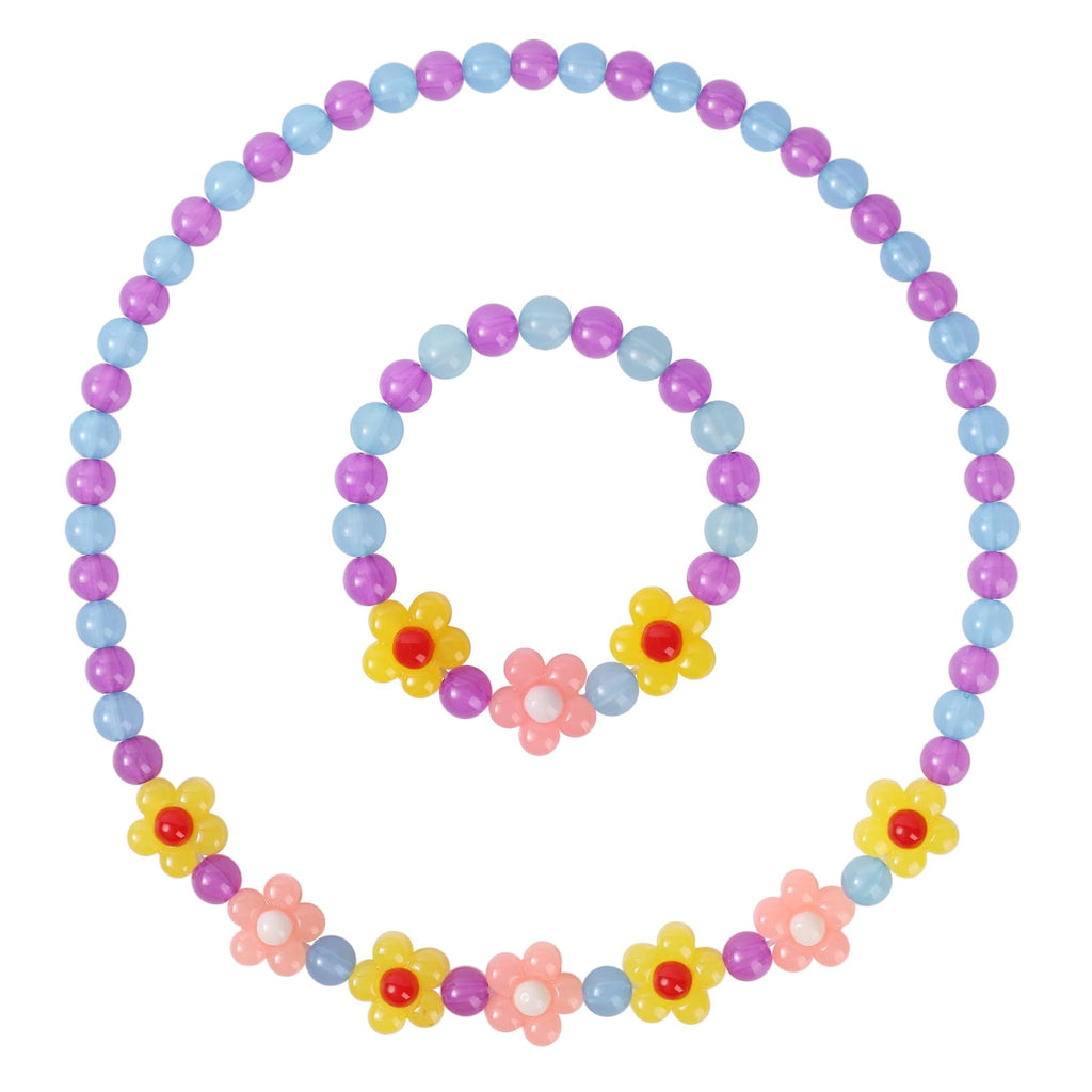 Yarkeuier Girls Jewelry Set - Cute Flower Beads Necklace Bracelet-Toddler Girls Flower Jewelry - Stretchy Chunky Costume Jewelry Present Toy-Yellow