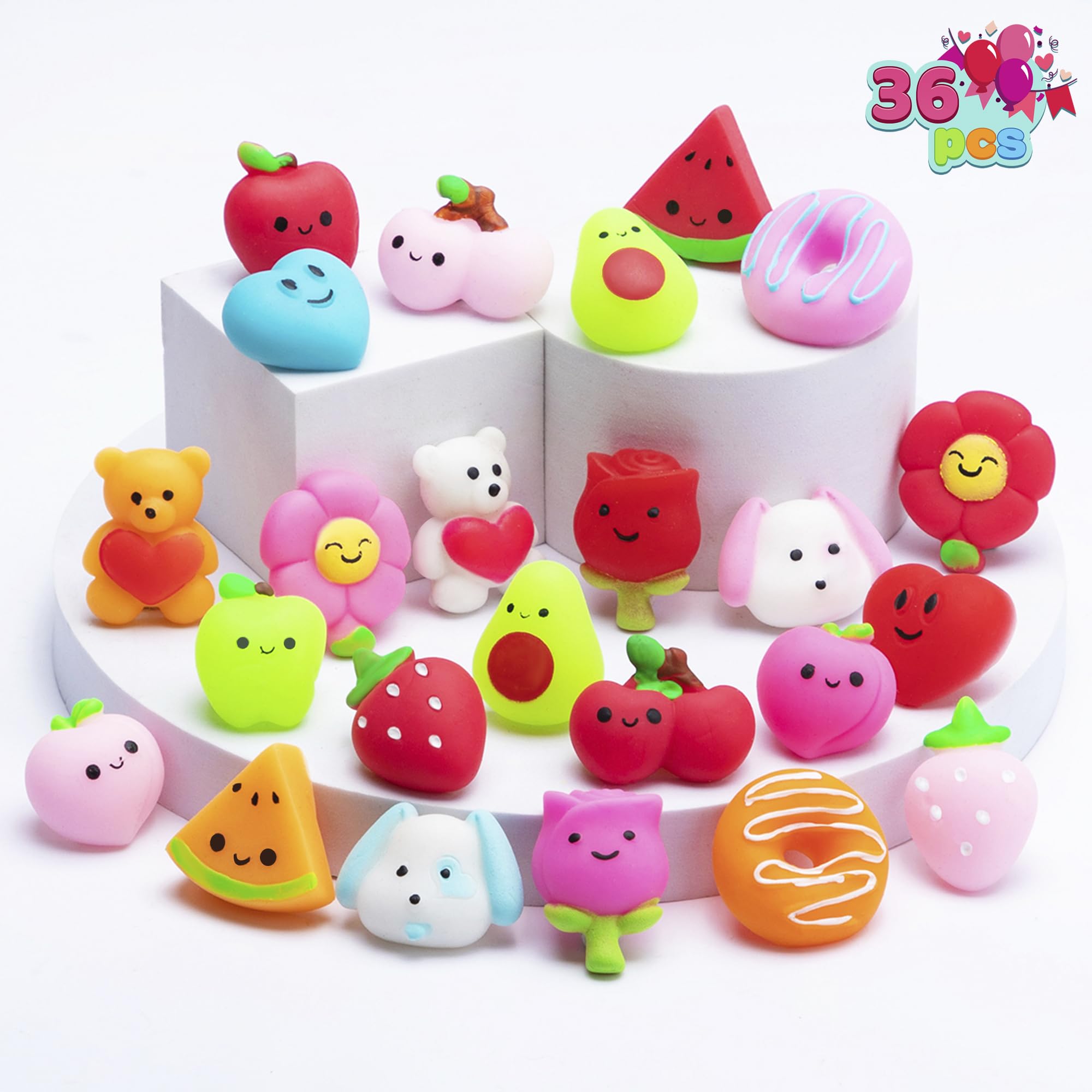 JOYIN 36 Pcs Valentines Day Mochi squishy toys Stress Relief Toys Gifts for Party Favors Gift Exchange and Game Prizes Kids Adults Stress Toy Relax Toys and Festival Items