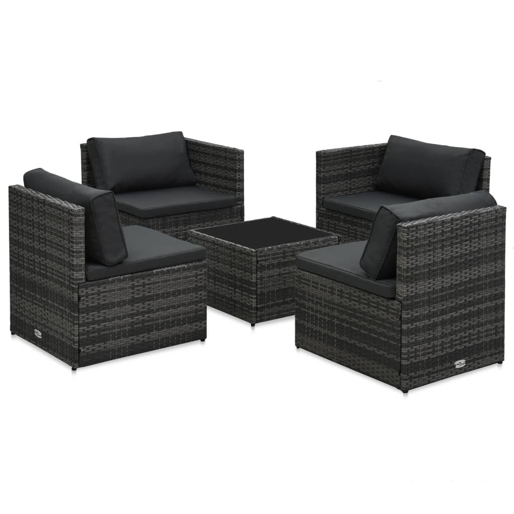 5 Piece Patio Lounge Set with Cushions Poly Rattan Gray