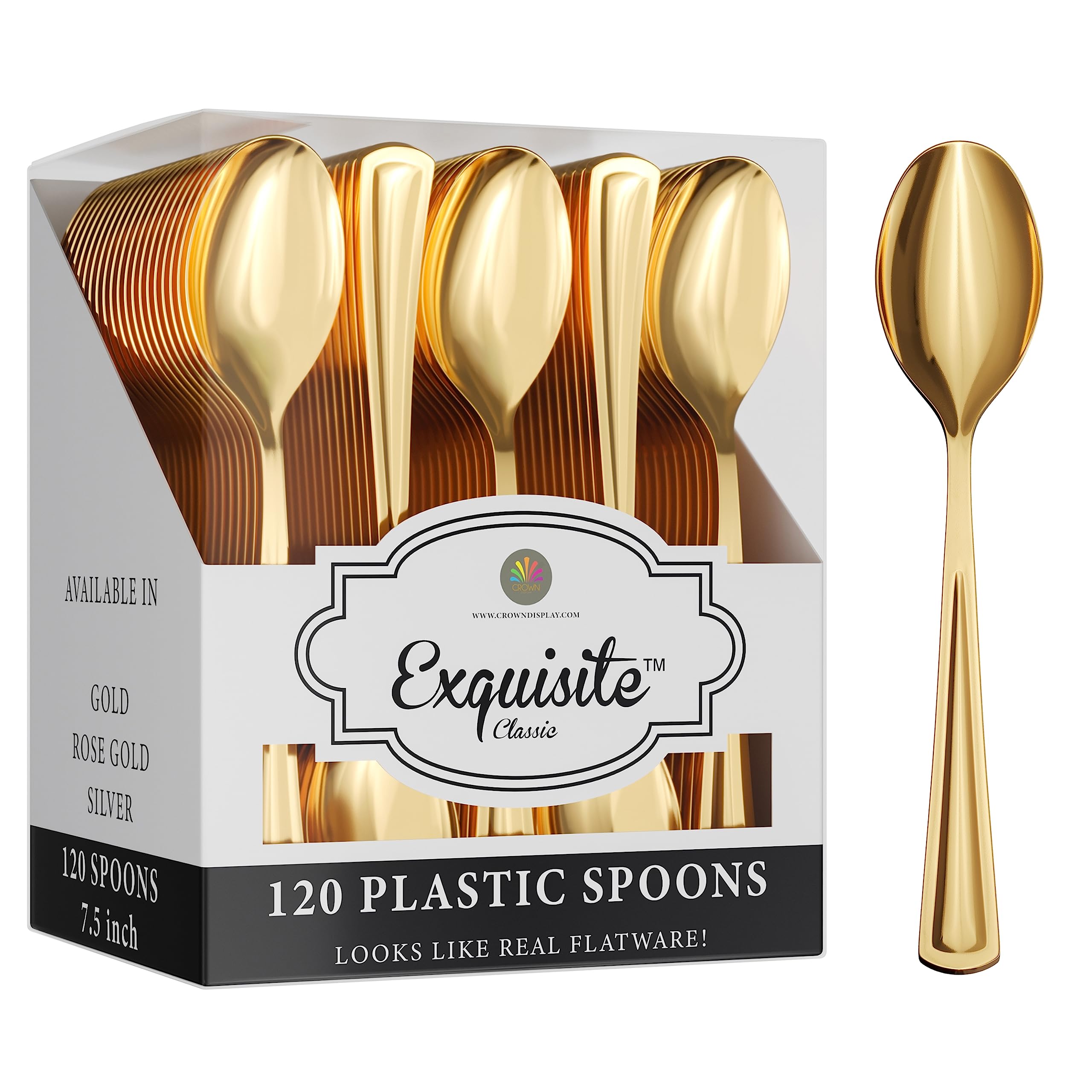 120 Pack Gold Plastic Spoons Heavy Duty - Gold Disposable Silverware - Gold Plastic Silverware - Gold Spoons Disposable - Plastic Silverware Heavy Duty For Catering Party Weddings & More Exquisite