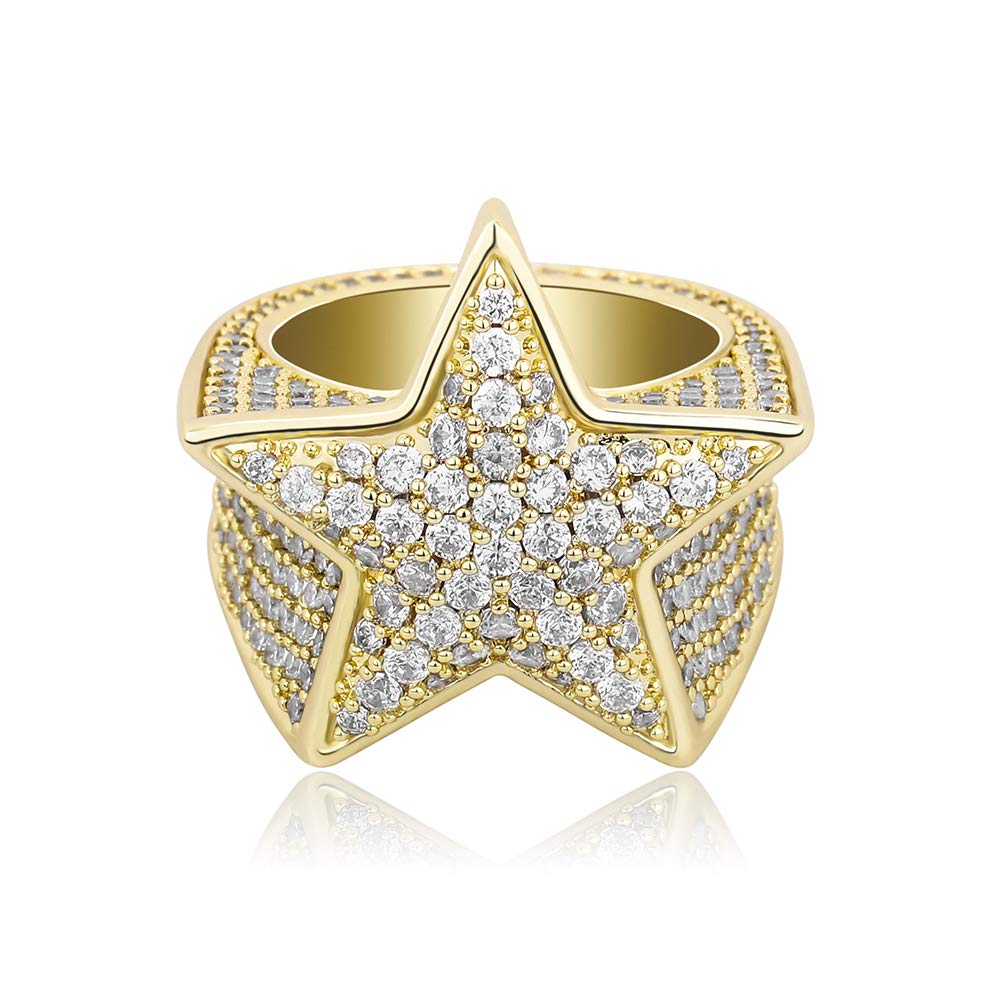 TOPGRILLZ 14K Gold Plated Iced Out CZ Simulated Diamond Flooded 3D Star Punky Rappers Ring for Men Engagement Hip Hop Jewelry (Gold02 8)