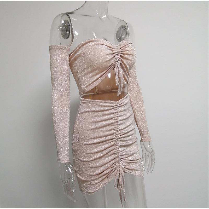 Two piece lurex pink lace up short dress Women high waist