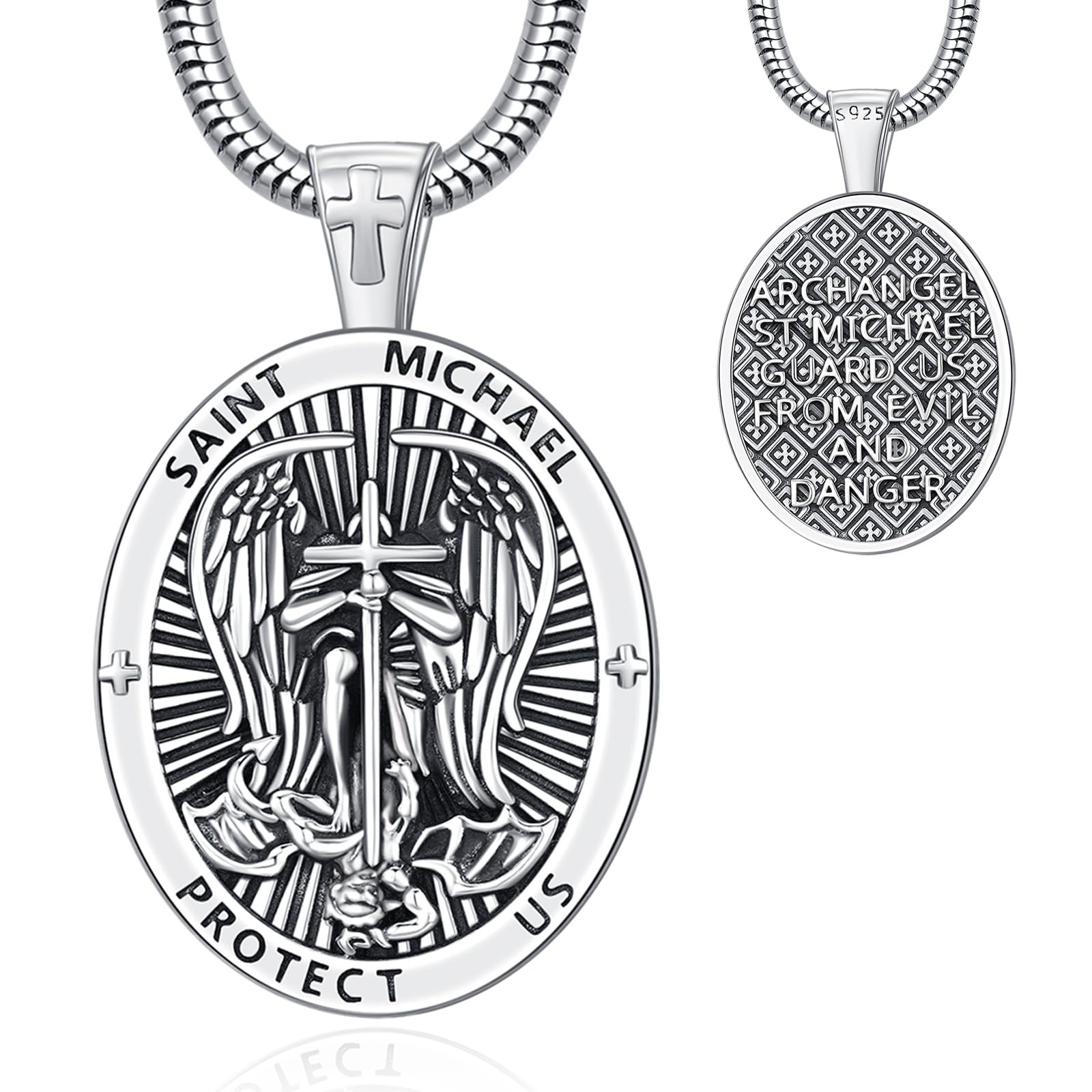 LOOVE 925 Sterling Silver Saint Michael Necklace for Men with Prayer Patron St Michael Pendant Amulet Medal Archangle Michael Jewelry