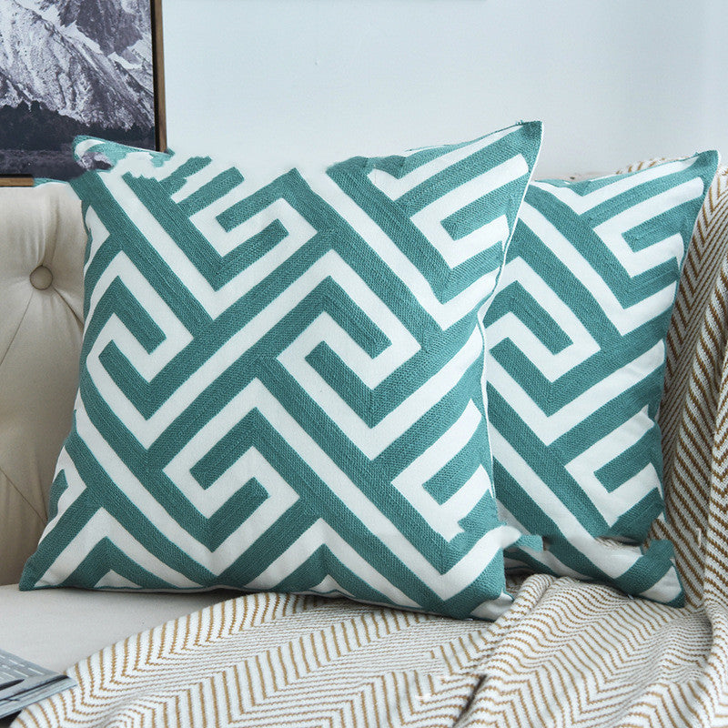 Lake Green Cotton Canvas Geometric Wool Pillow Cases