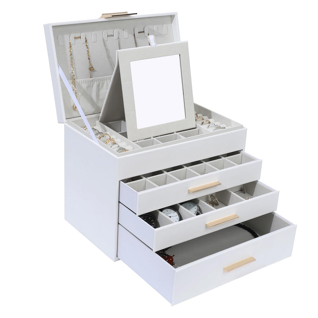 Tian Ye Zhou Large Jewelry Box for Women 4 Layer Jewelry Holder Organizer with Necklace Hooks White Jewelry Box for Earrings Necklace and Bracelet Storage Gifts for Her (White)