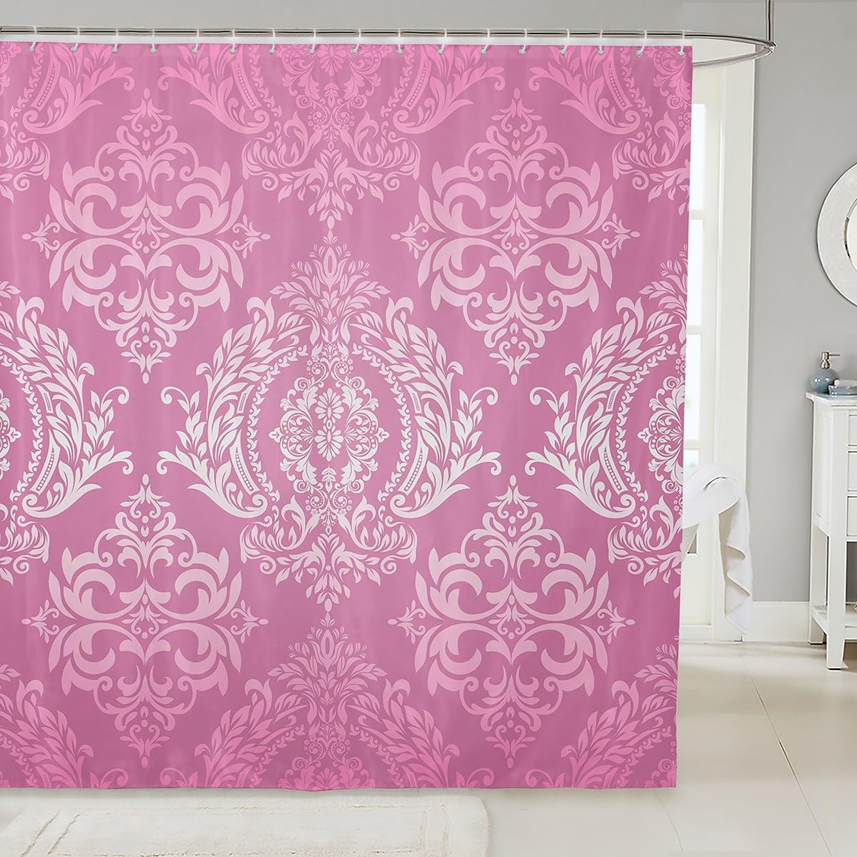 Feelyou Adults Pink Vintage Damask Floral Shower Curtain Oriental Antique Bathroom Shower Curtain Set 72"x84" Gothic Bohemia Boho Floral Bath Curtain Bohemian Exotic Bathroom Accessories