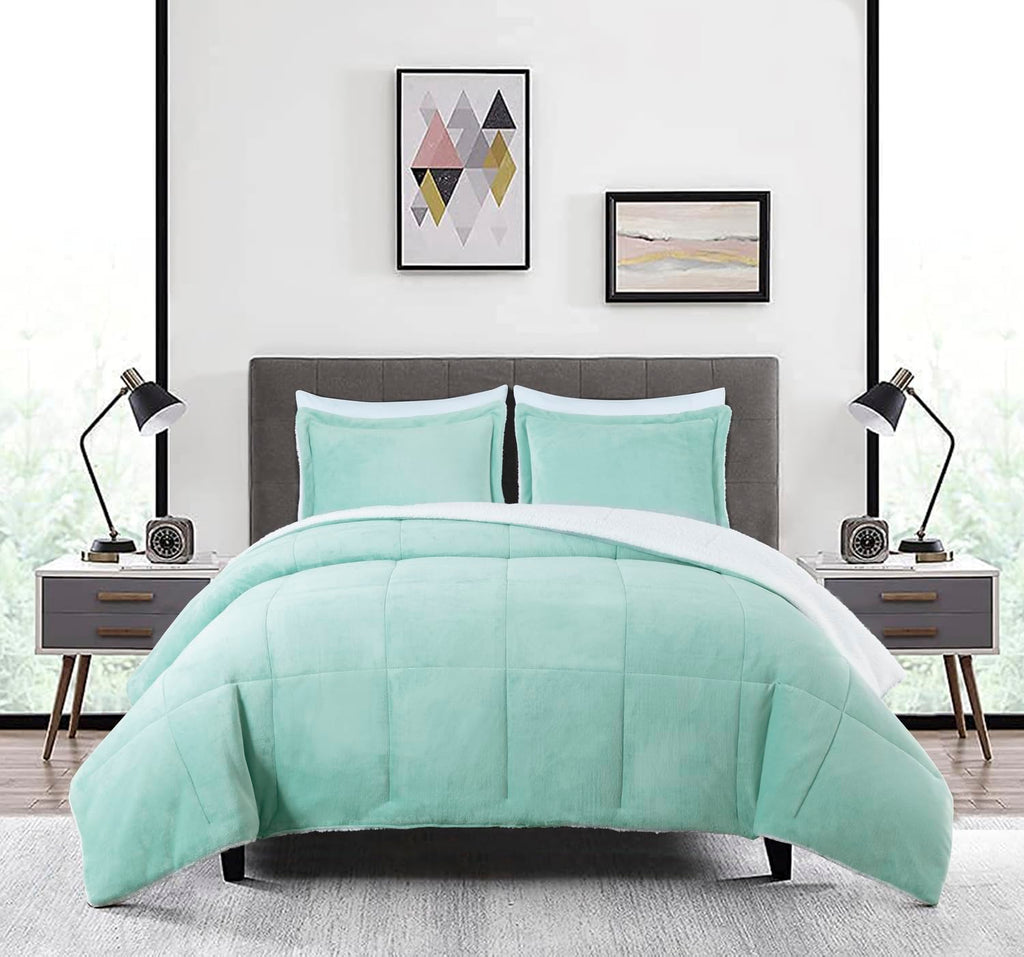 Chezmoi Collection Ultra-Soft Micromink Sherpa King Size Comforter Set with 2 Pillow Shams - Aqua Reversible Plush Bedding Comforter 3-Piece Set Warm Winter Blanket