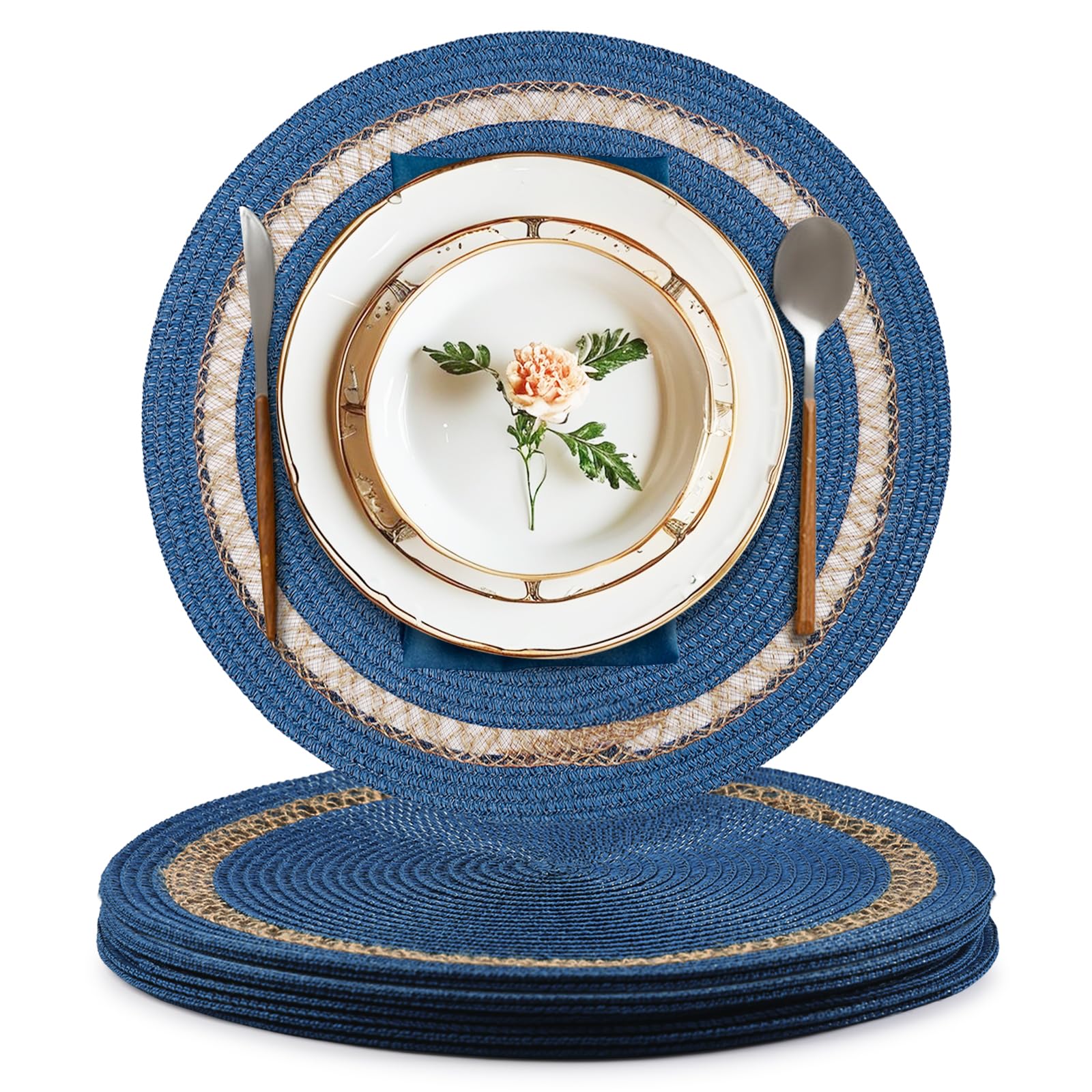 Blue Round Jute & Paper Placemats Set of 8
