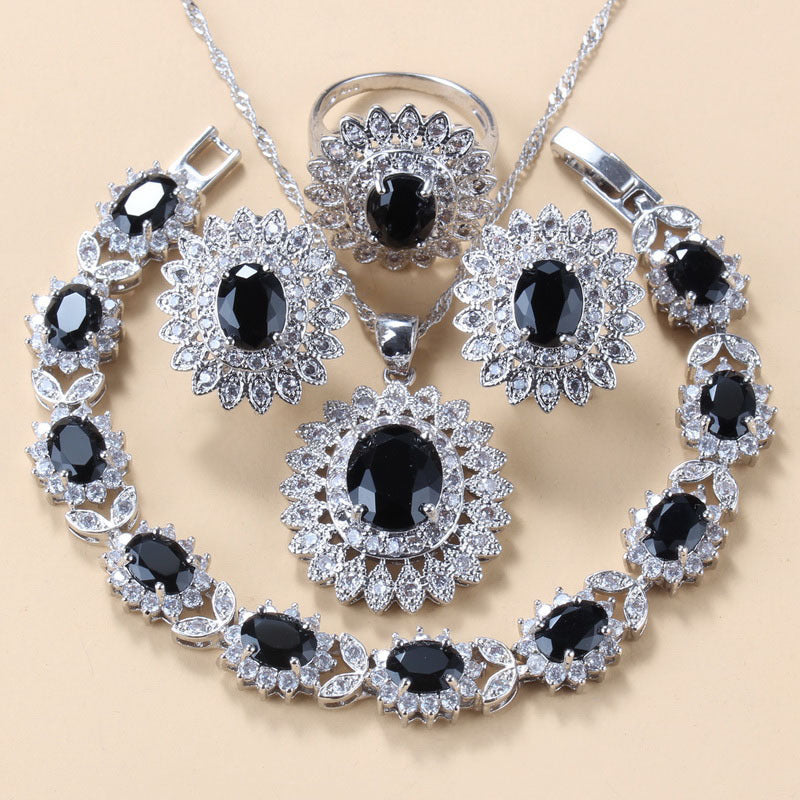 Color: Black, Purity: 10 - Garnet Cubic Zirconia Earrings Pendant Necklace Bracelet Ring Gift 4 PCs Set