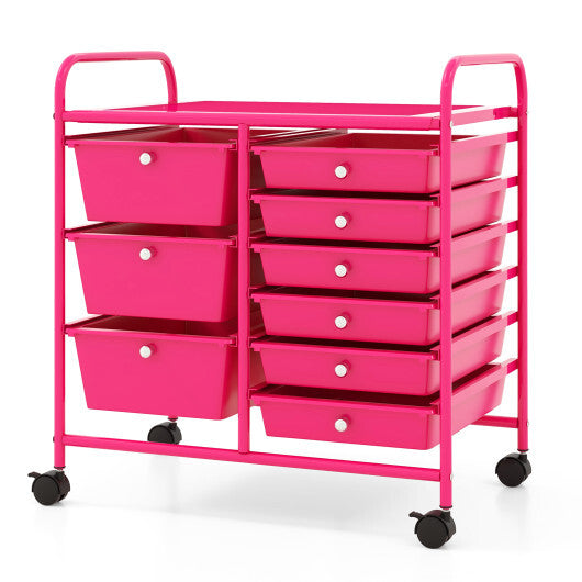 9-Drawer Rolling Storage Cart with Colorful Drawers and Metal Frame-Light Pink - Color: Light Pink