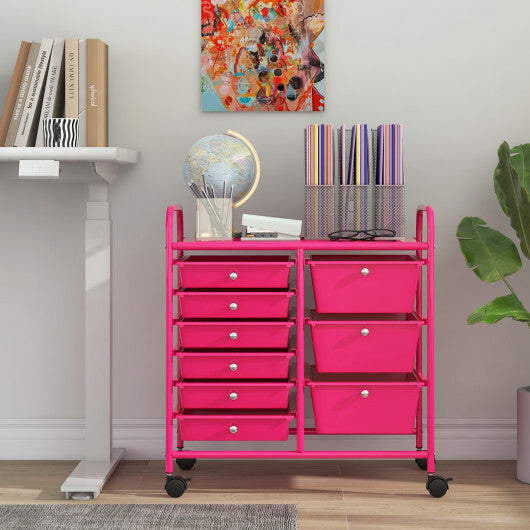 9-Drawer Rolling Storage Cart with Colorful Drawers and Metal Frame-Light Pink - Color: Light Pink