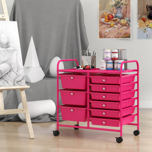 9-Drawer Rolling Storage Cart with Colorful Drawers and Metal Frame-Light Pink - Color: Light Pink