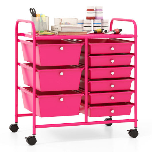 9-Drawer Rolling Storage Cart with Colorful Drawers and Metal Frame-Light Pink - Color: Light Pink