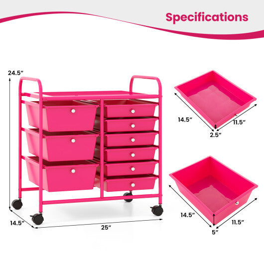 9-Drawer Rolling Storage Cart with Colorful Drawers and Metal Frame-Light Pink - Color: Light Pink