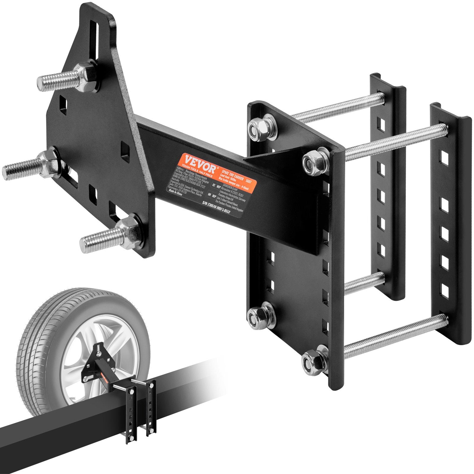 Spare Tire Carrier, Trailer Spare Tire Mount, 160 lbs Capacity, Utility Trailer Accessories Fits Most 4 & 5 & 6 & 8 Lugs Wheels on 4", 4.25", 4.5", 4.75", 5", 5.5", 6", 6.5" Bolt Patterns